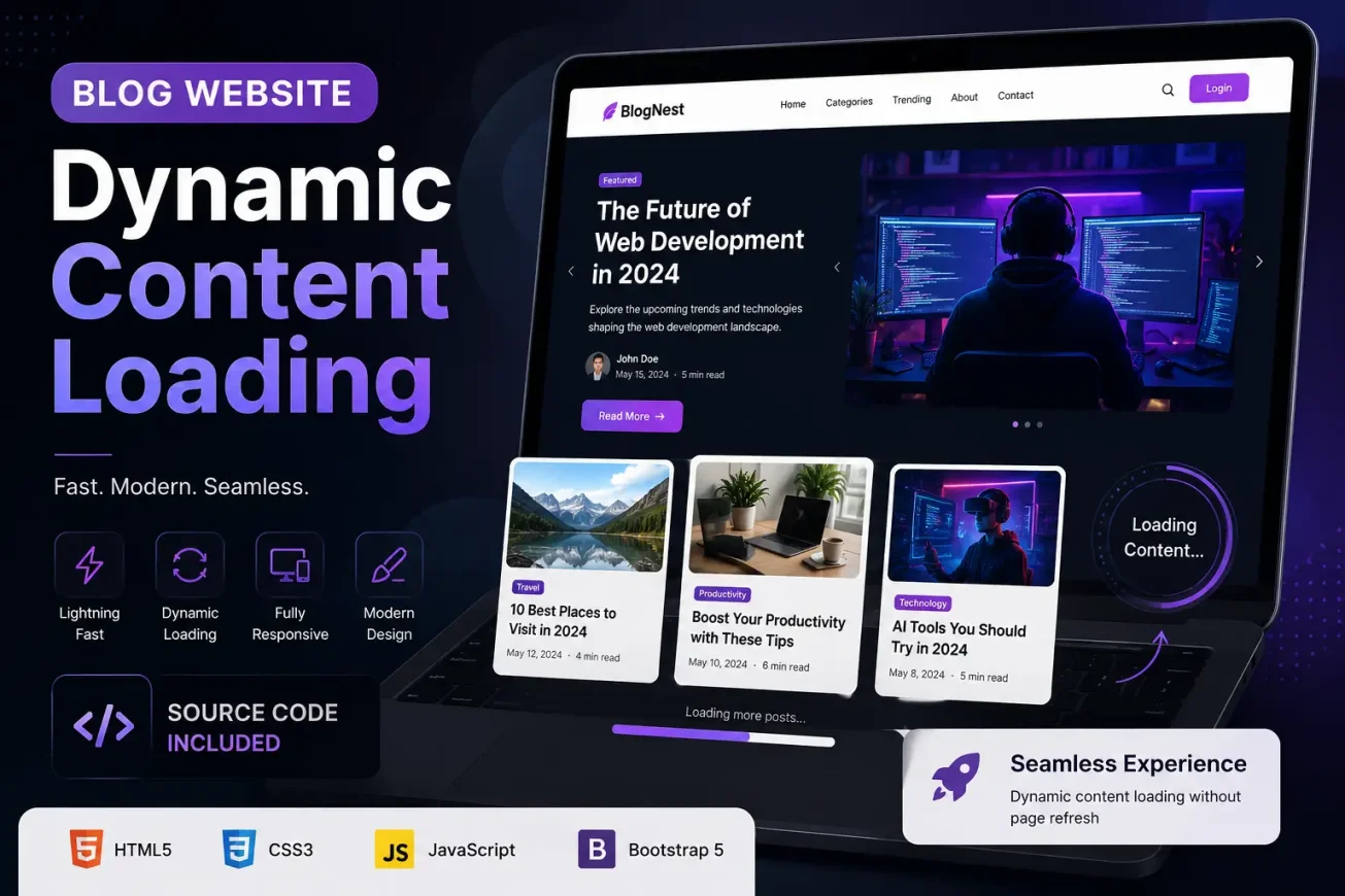 Complete Blog Website with Dynamic Content Loading | HTML, CSS, JavaScript