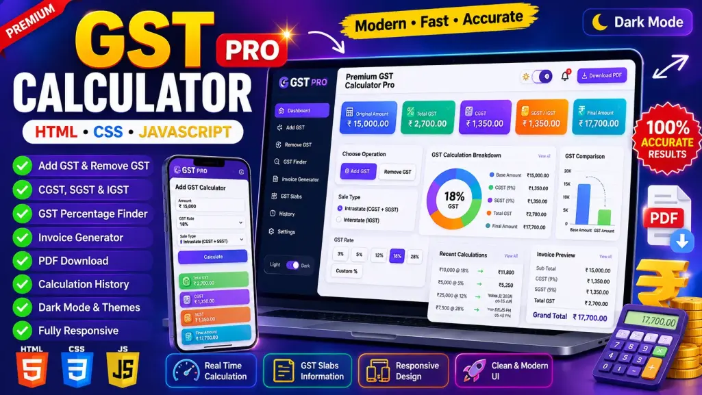 Premium GST Calculator – HTML CSS JavaScript GST Tax Calculator source code