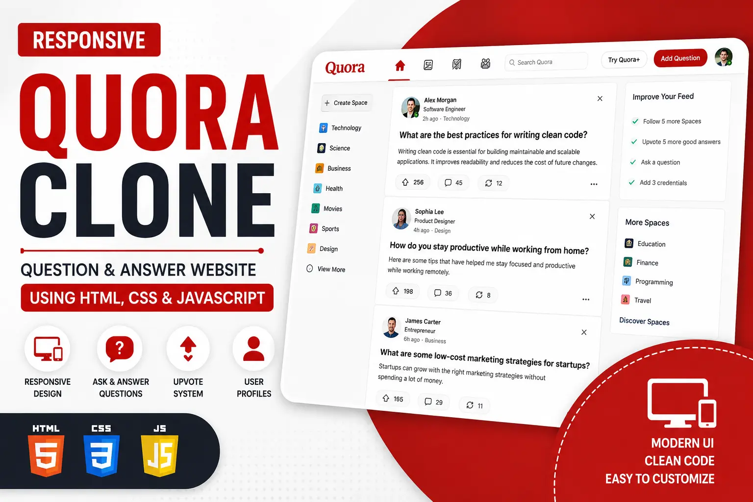 Quora Clone Using HTML, CSS & JavaScript – Responsive Q&A Website Source Code