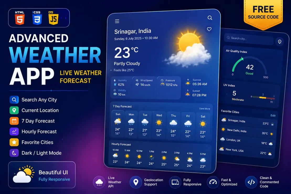 Advanced Weather App Using HTML CSS JavaScript | Live API Weather Forecast Source Code