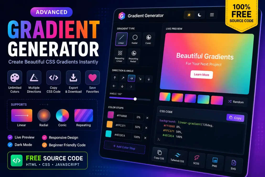 CSS Gradient Generator Using HTML CSS JavaScript | Free Source Code
