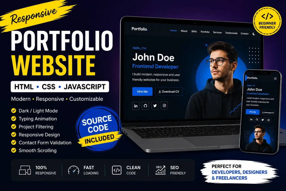 Personal Portfolio Website source code Using HTML, CSS & JavaScript with Dark Mode