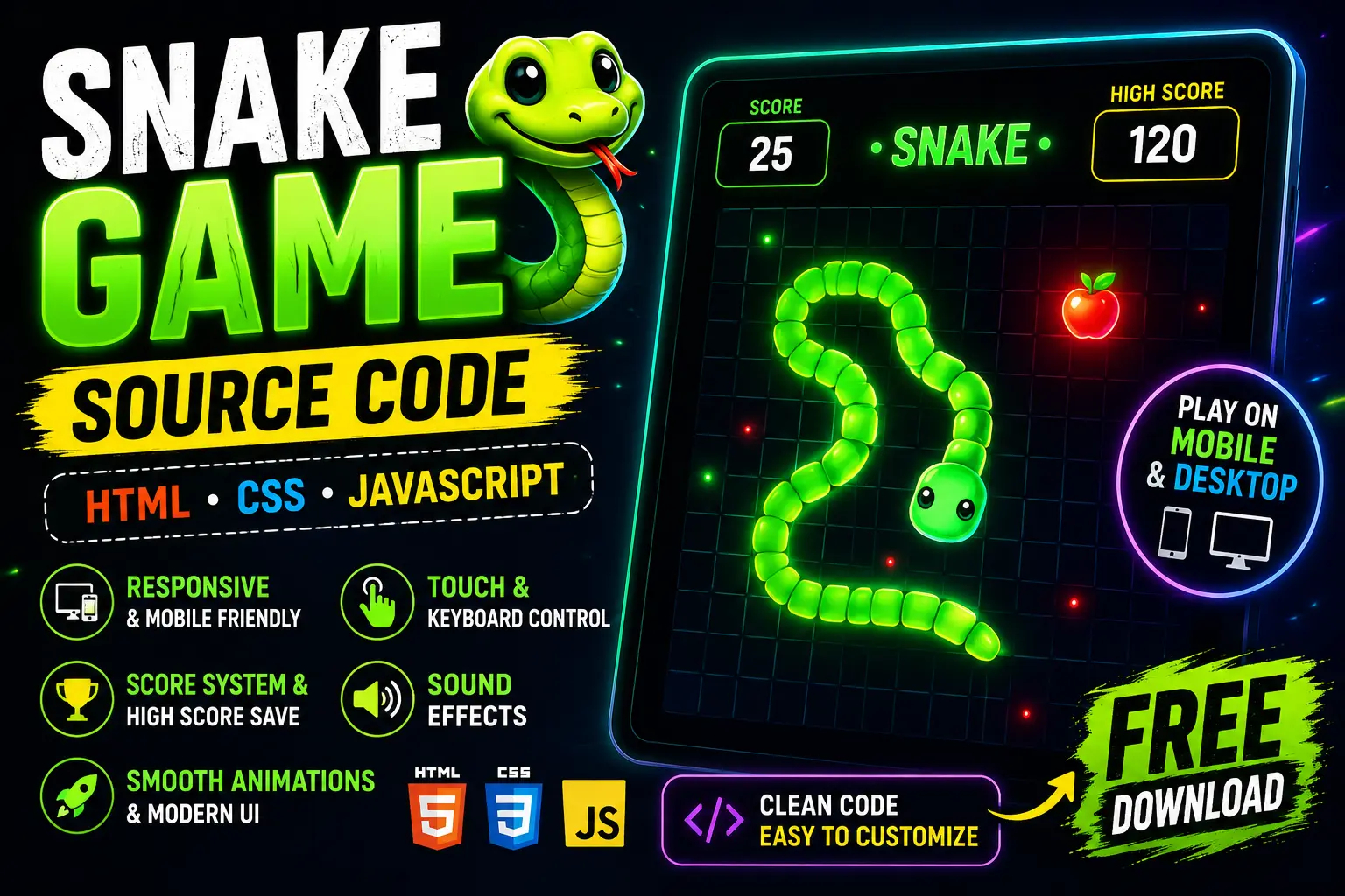Snake Game Source Code in HTML CSS JavaScript